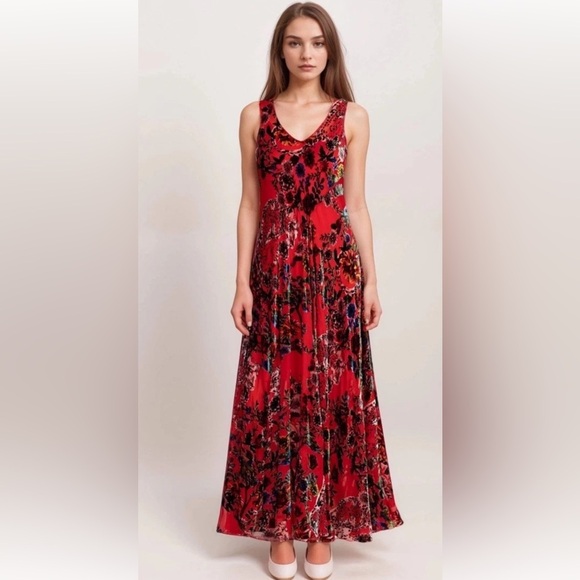 Johnny Was Bias Dress Bobcat Forest Silk Blend Red Floral Maxi Medium $575 NWT - Picture 1 of 16